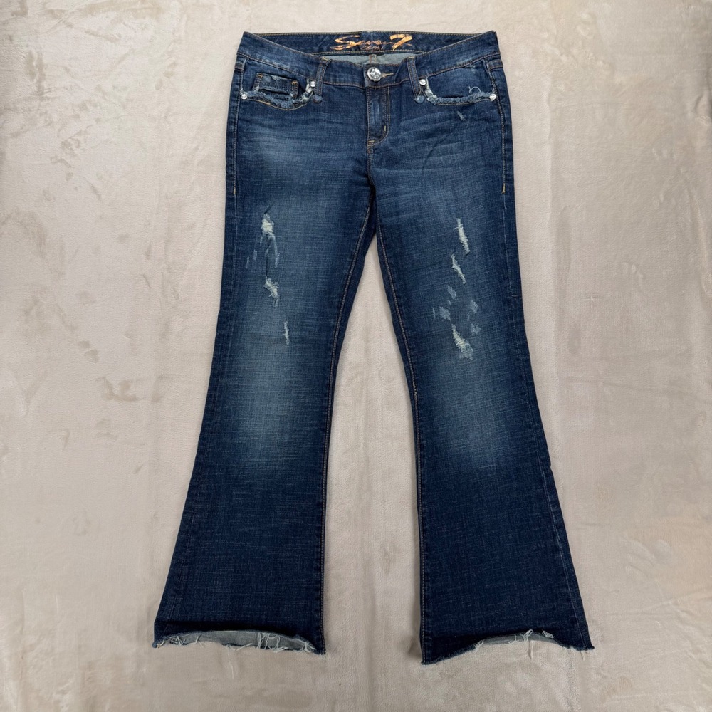 Seven7 Flare Jeans Women 29 Dark Wash Good Distressed Low Rise Boho Y2K
